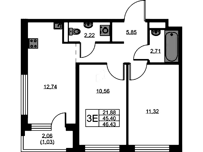 2-комнатная квартира 46.43 м², 5/9 эт., ЖК «GloraX Новоселье»